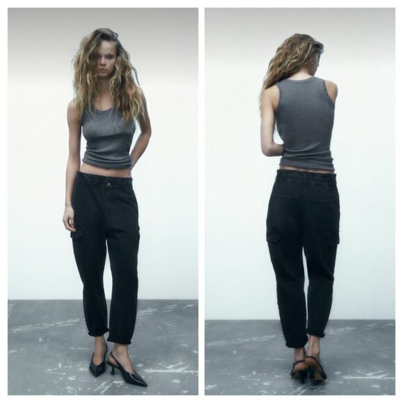 Zara Denim - ZARA High Waist Baggy Fit Paper Bag Carrot Leg Ankle Rigid Black Womens 6